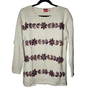 Liz&Co Womens Embroidered Sweater Size Medium Scalloped Grannycore Floral Dainty